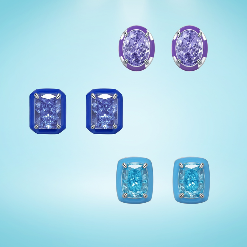 Set of three sterling silver stud earrings with deep blue, aqua, and lavender stones framed in coloured enamel