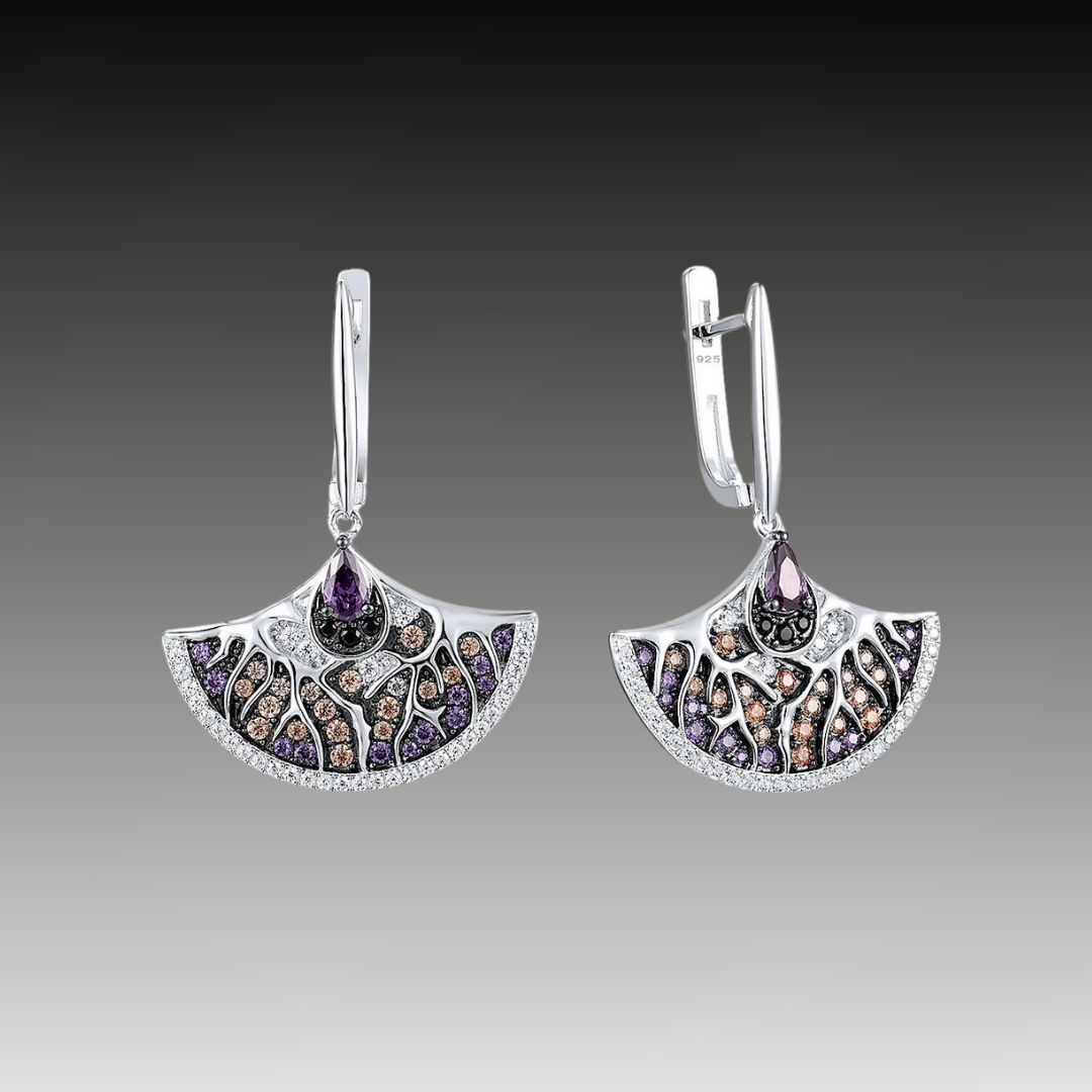 Silver fan-shaped earrings with teardrop amethyst and multicolour pavé detailing