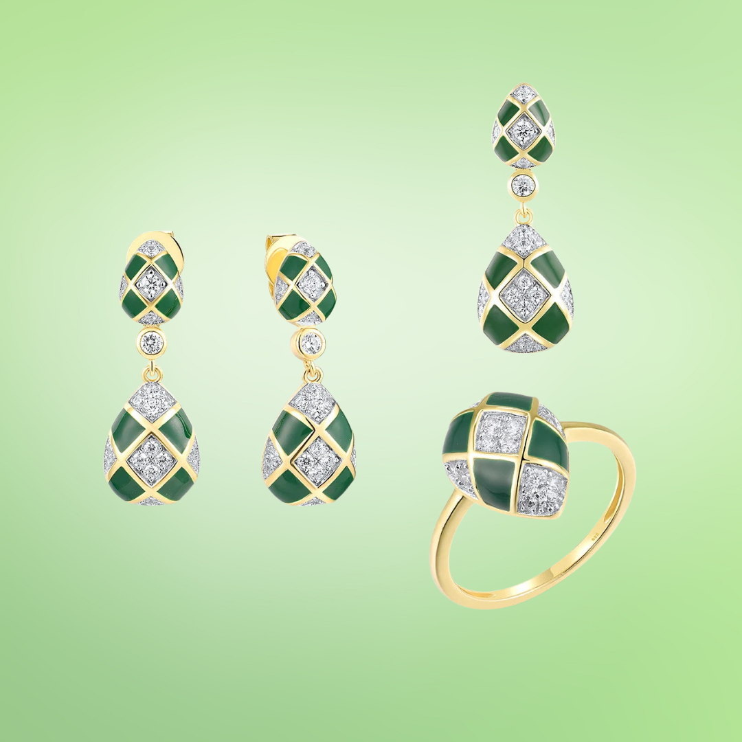 Gold and green checkered jewelry set with teardrop shapes and pavé white stones
