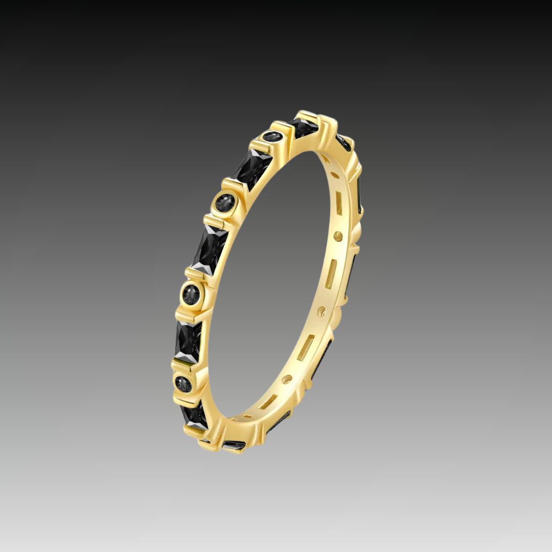 Gold ring with alternating black baguette and round stones in eternity style