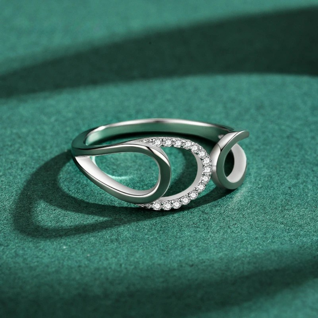 Sterling silver open ring with flowing abstract loops and pavé-set cubic zirconia, Bianco Nero collection
