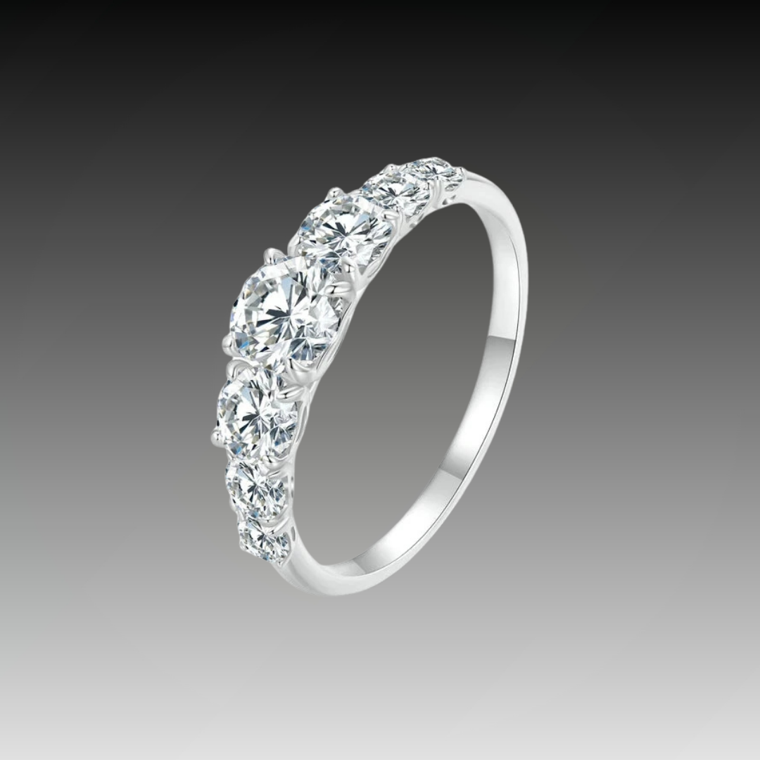 Silver band ring adorned with a sequence of round brilliant-cut stones, creating a continuous sparkling design.
