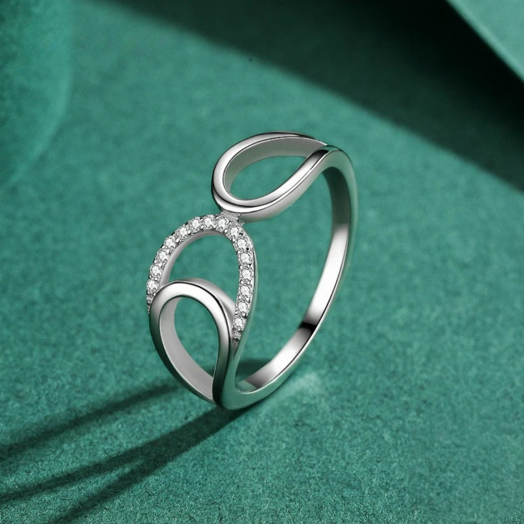 Sterling silver open ring with flowing abstract loops and pavé-set cubic zirconia, Bianco Nero collection