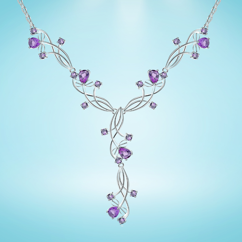 Sterling silver necklace with intertwining strands and purple gemstones arranged in a delicate cascading floral design