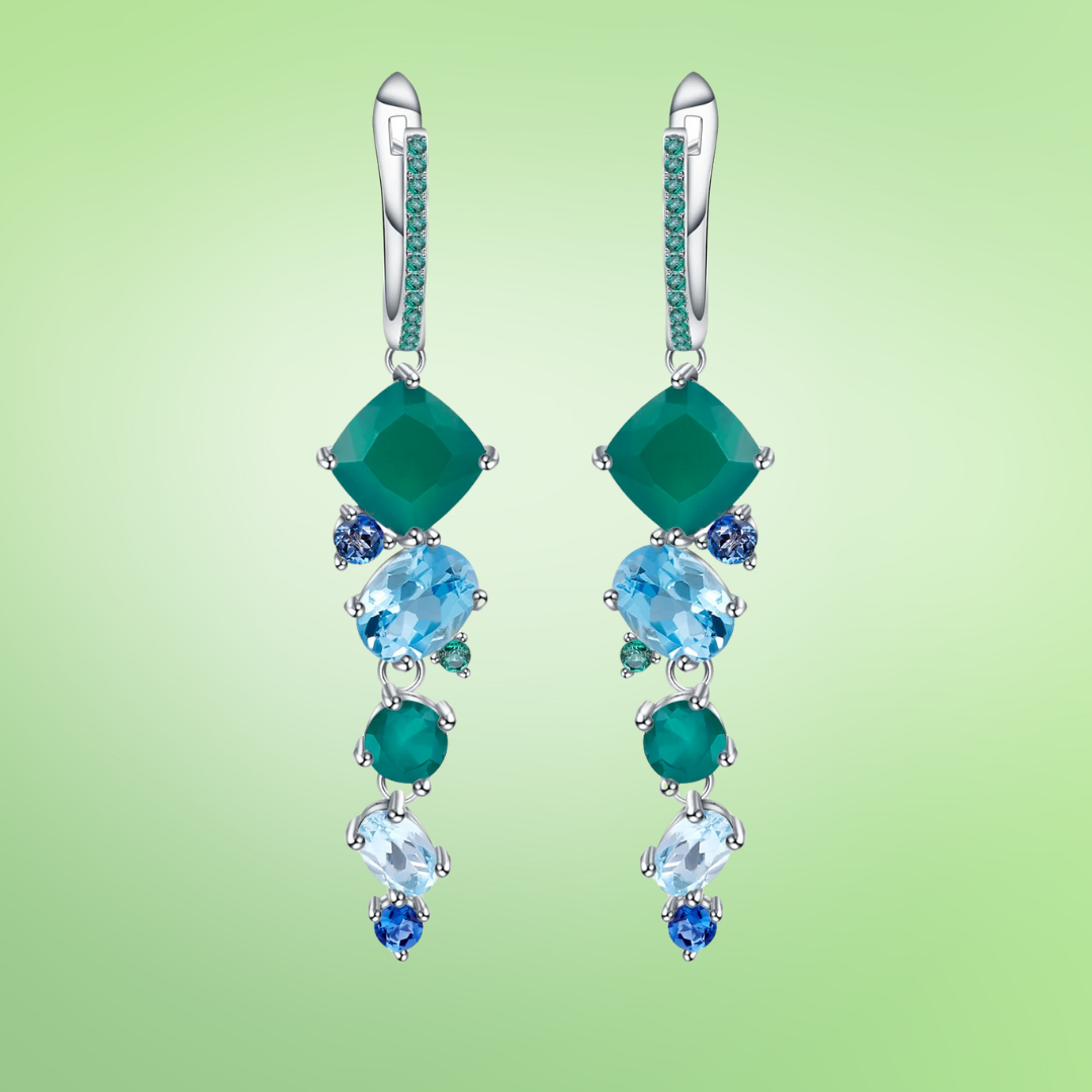 Dangling earrings with green and blue mixed gemstones in a nature-inspired cascading design
