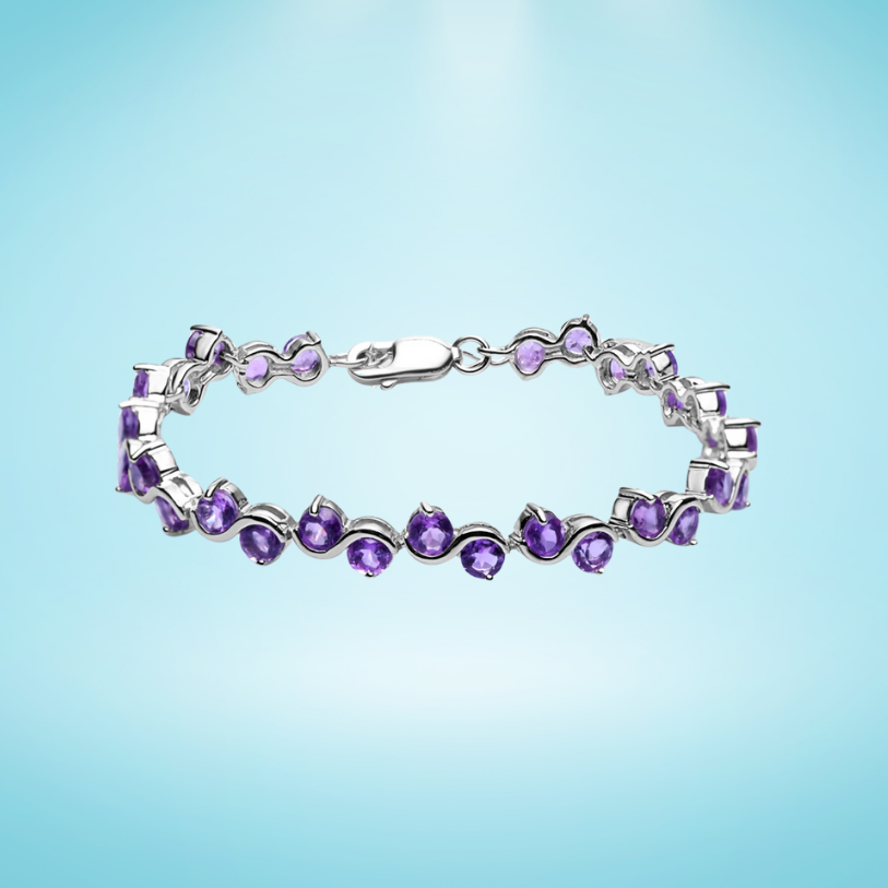 Silver bracelet with curved links set with round-cut purple amethyst stones