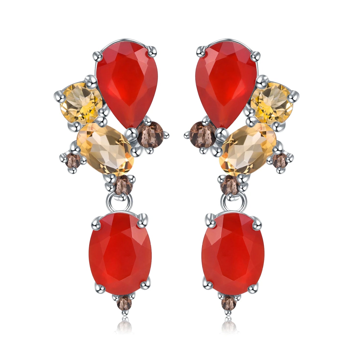 Drop earrings with a mix of red, amber, and brown faceted stones set in silver-toned prongs.