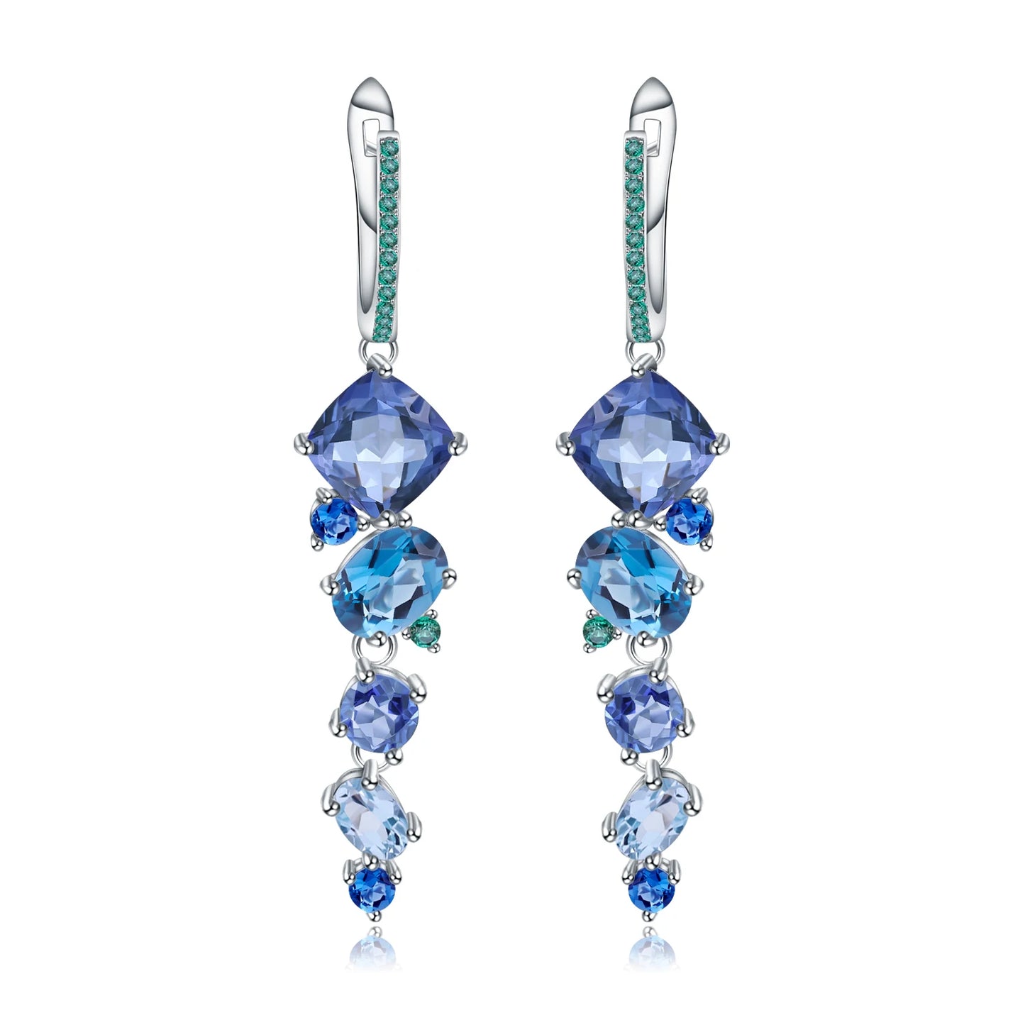 Dangling earrings with gradient blue and green stones set in silver