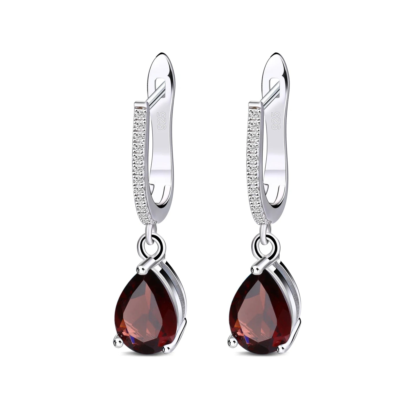 Silver hook earrings with deep red teardrop gemstones and pavé-set clear stones on the upper hooks.