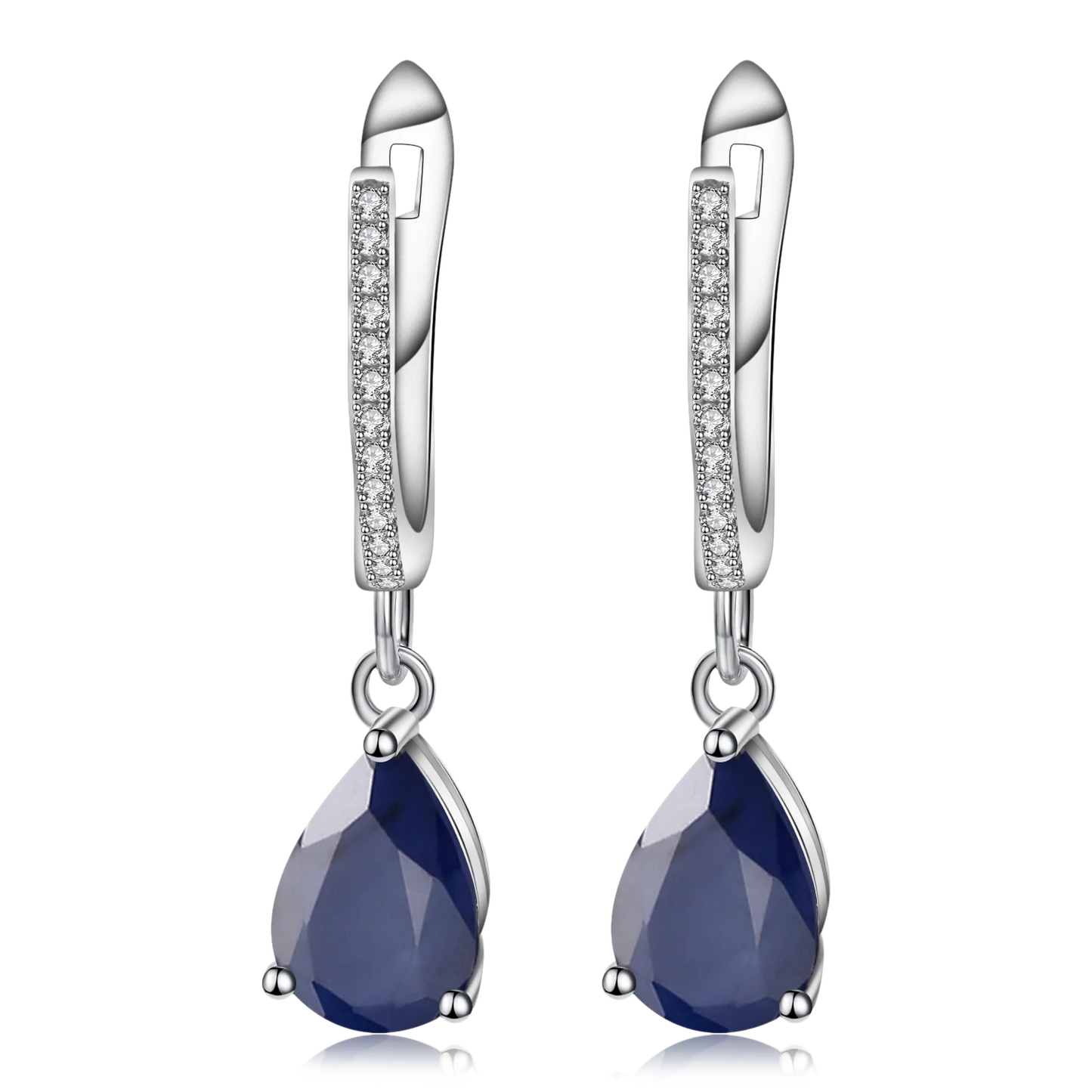 Set of three sterling silver drop earrings with pear-shaped stones in blue, navy, and violet, accented with pavé-set crystals