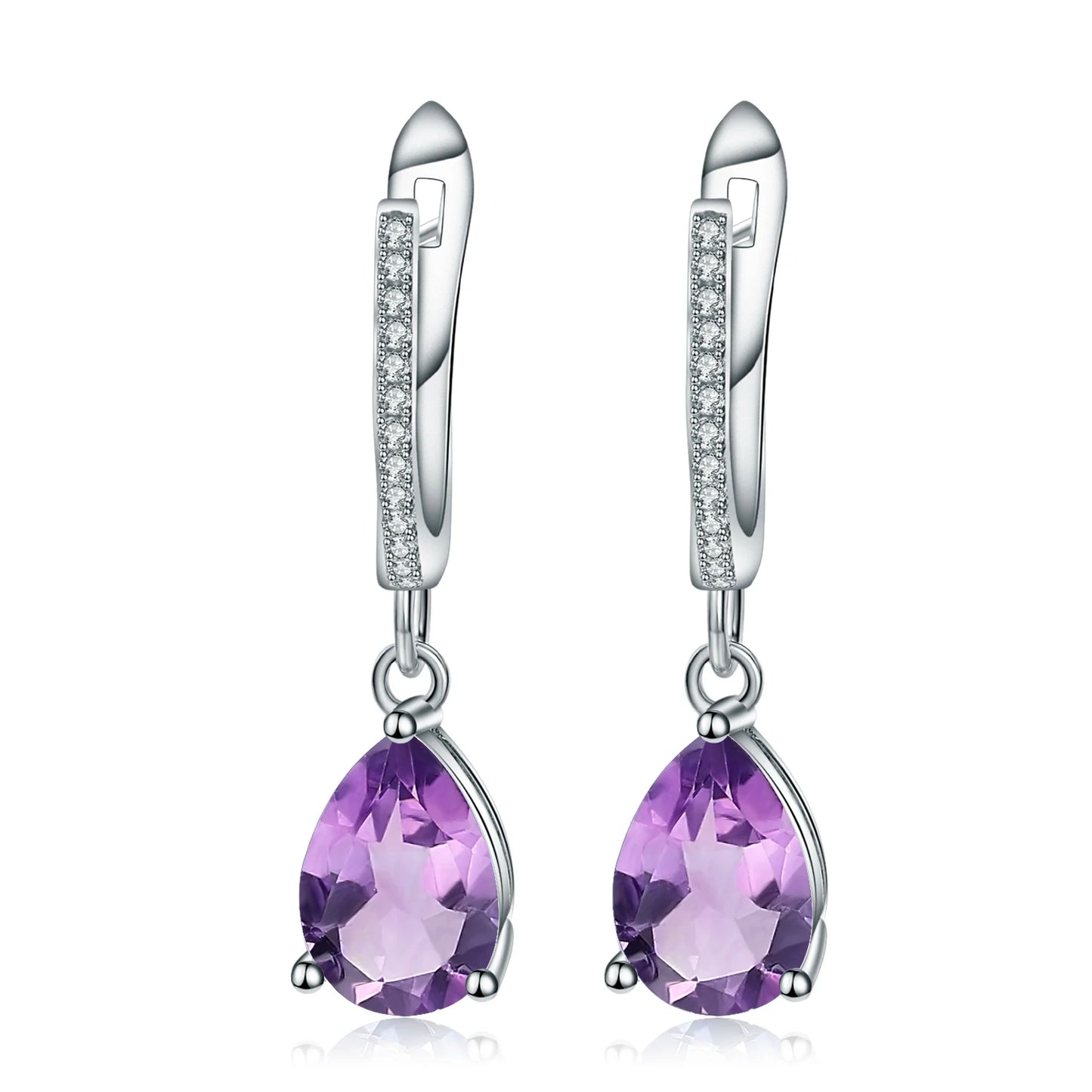 Set of three sterling silver drop earrings with pear-shaped stones in blue, navy, and violet, accented with pavé-set crystals