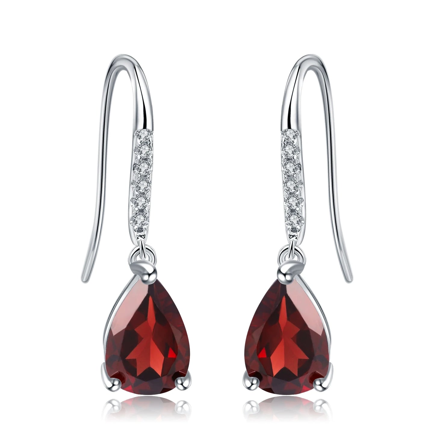 Silver hook earrings with deep red teardrop gemstones and pavé-set clear stones on the upper hooks.