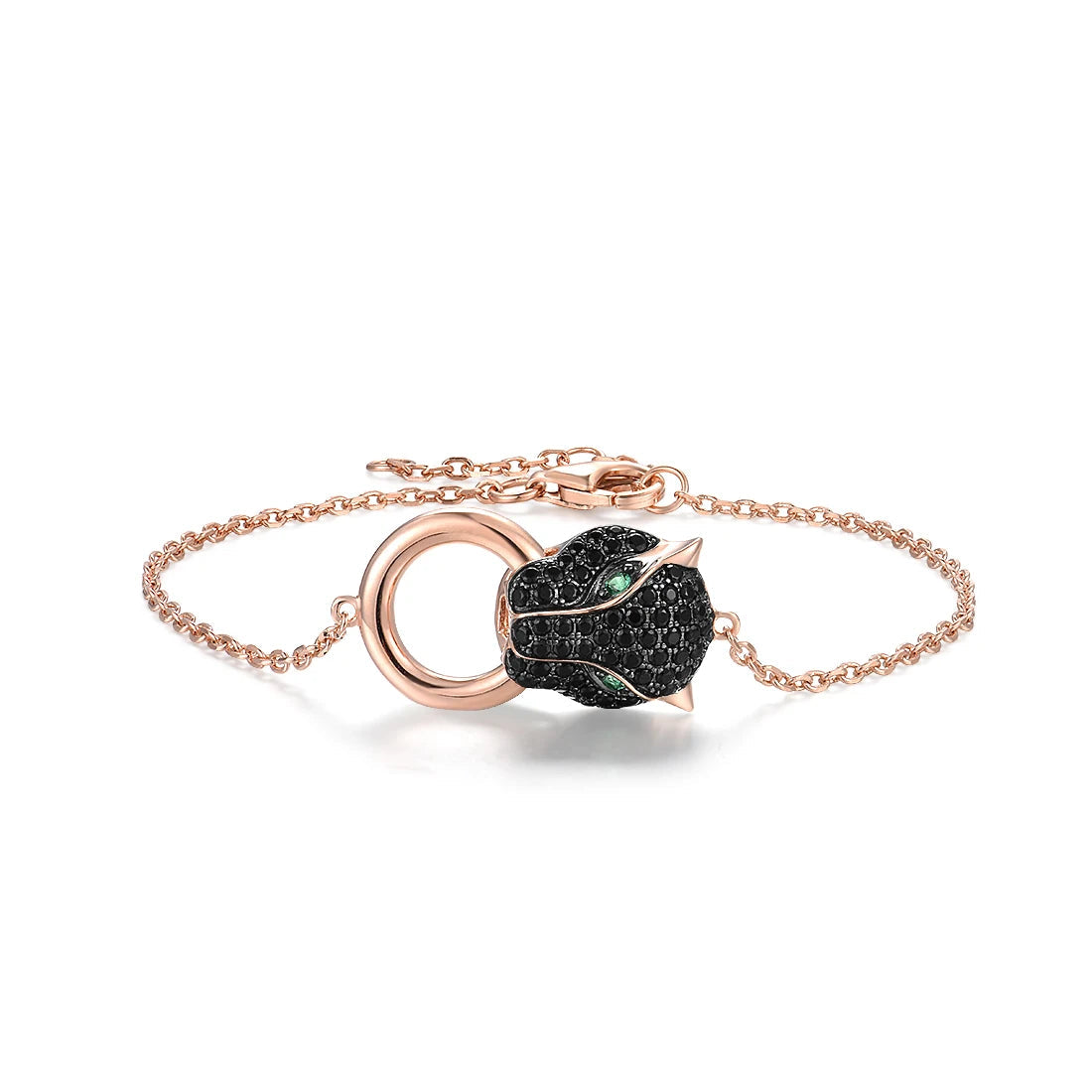 Rose gold bracelet featuring a black gemstone-studded panther head clasp with green gemstone eyes, linked by a fine chain.