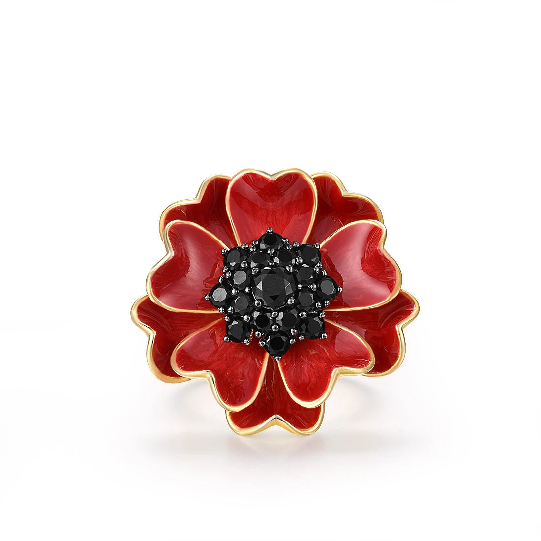 Papavero ring with layered red enamel petals and black crystal centerpiece on a gold band.