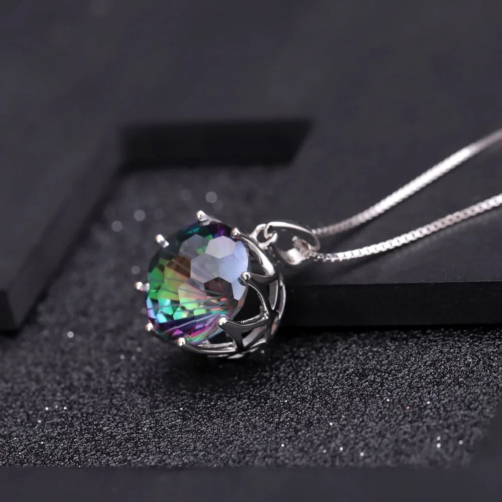 Silver pendant with a round multicoloured quartz stone in a scalloped prong setting