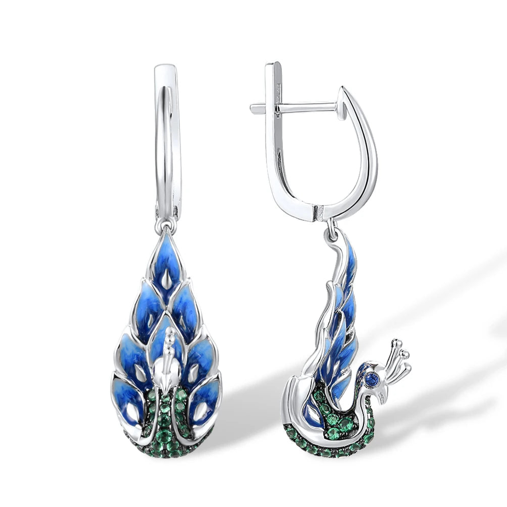 Sterling silver peacock drop earrings with blue enamel feathers and green pavé stones