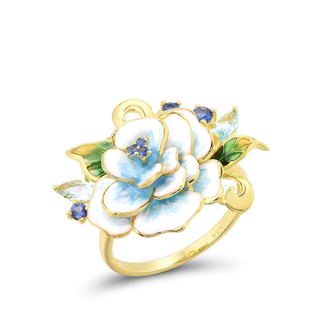 Gold-plated ring featuring a hand-painted white and blue enamel flower with gemstone accents and green enamel leaves