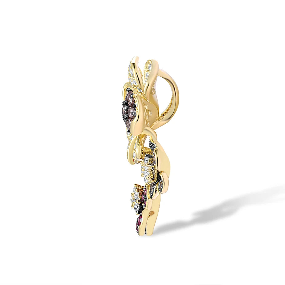 Clustered flower-shaped pendant with white, pink, red, and black pavé stones in gold-toned settings