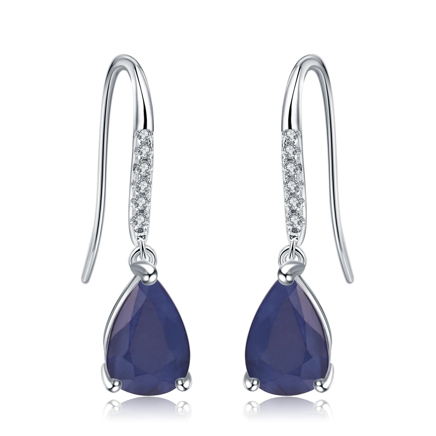 Set of three sterling silver drop earrings with pear-shaped stones in blue, navy, and violet, accented with pavé-set crystals