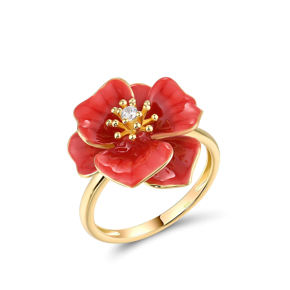 Gold ring featuring a red enamel rose with a white central stone, Rosa Rossa from the Rossa Collection.