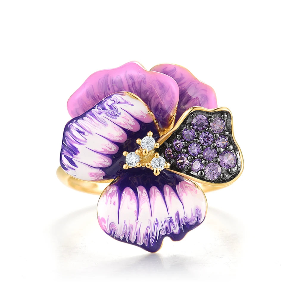 Gold ring with hand-painted violet enamel flower and purple stones