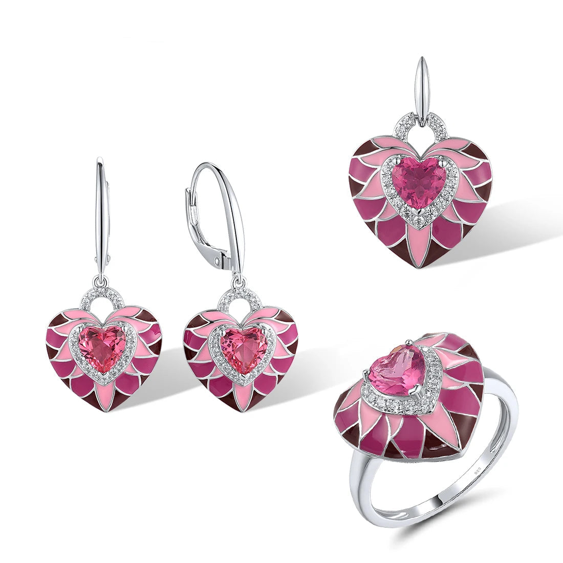 Parete del Cuore jewelry set featuring heart-shaped pink enamel and crystal designs in silver-tone settings, including earrings, pendant, and ring.