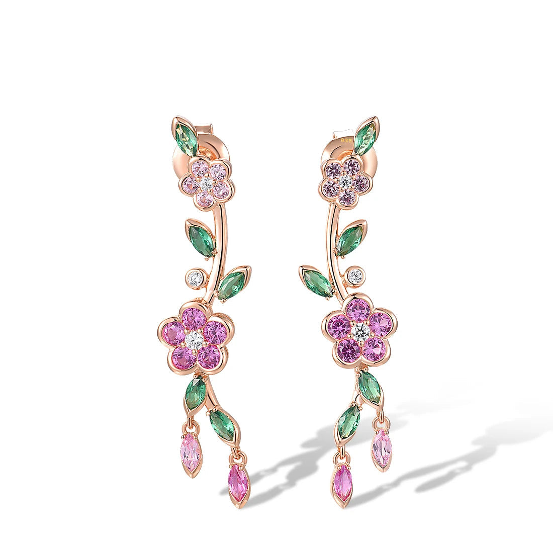Fiore di Vite earrings with pink flower-shaped stones, green marquise-cut leaves, and delicate drop accents.