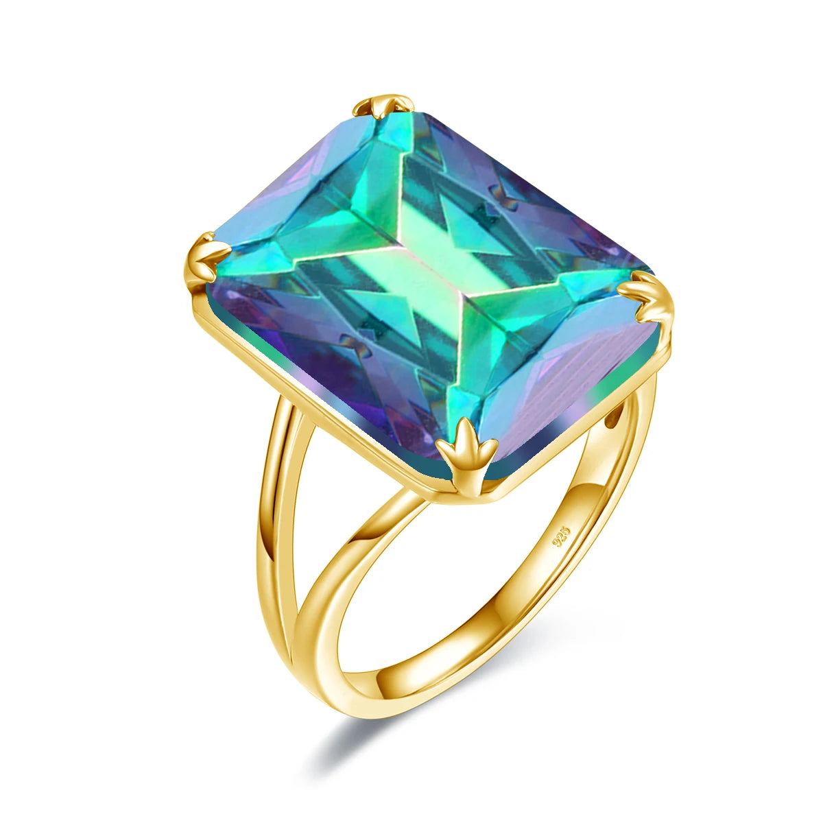 Gold rings with large square-cut gemstones in amethyst purple, deep sapphire blue, icy aquamarine, and bright sky blue on a light blue background