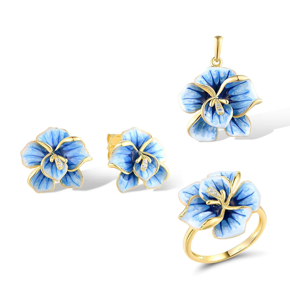 Jewelry set with hand-painted blue flower designs in gold-tone metal, featuring crystal accents