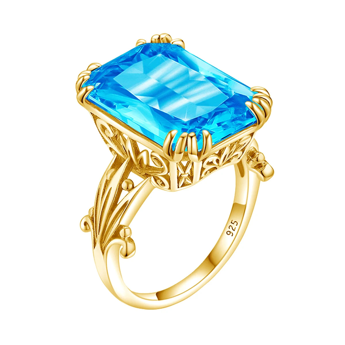 Gold rings with large square-cut gemstones in amethyst purple, deep sapphire blue, icy aquamarine, and bright sky blue on a light blue background