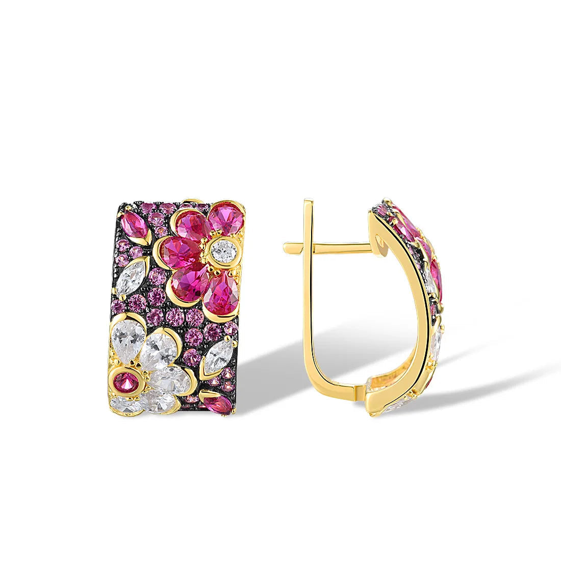 Gold huggie earrings adorned with floral clusters of pink and white stones in marquise and round cuts.