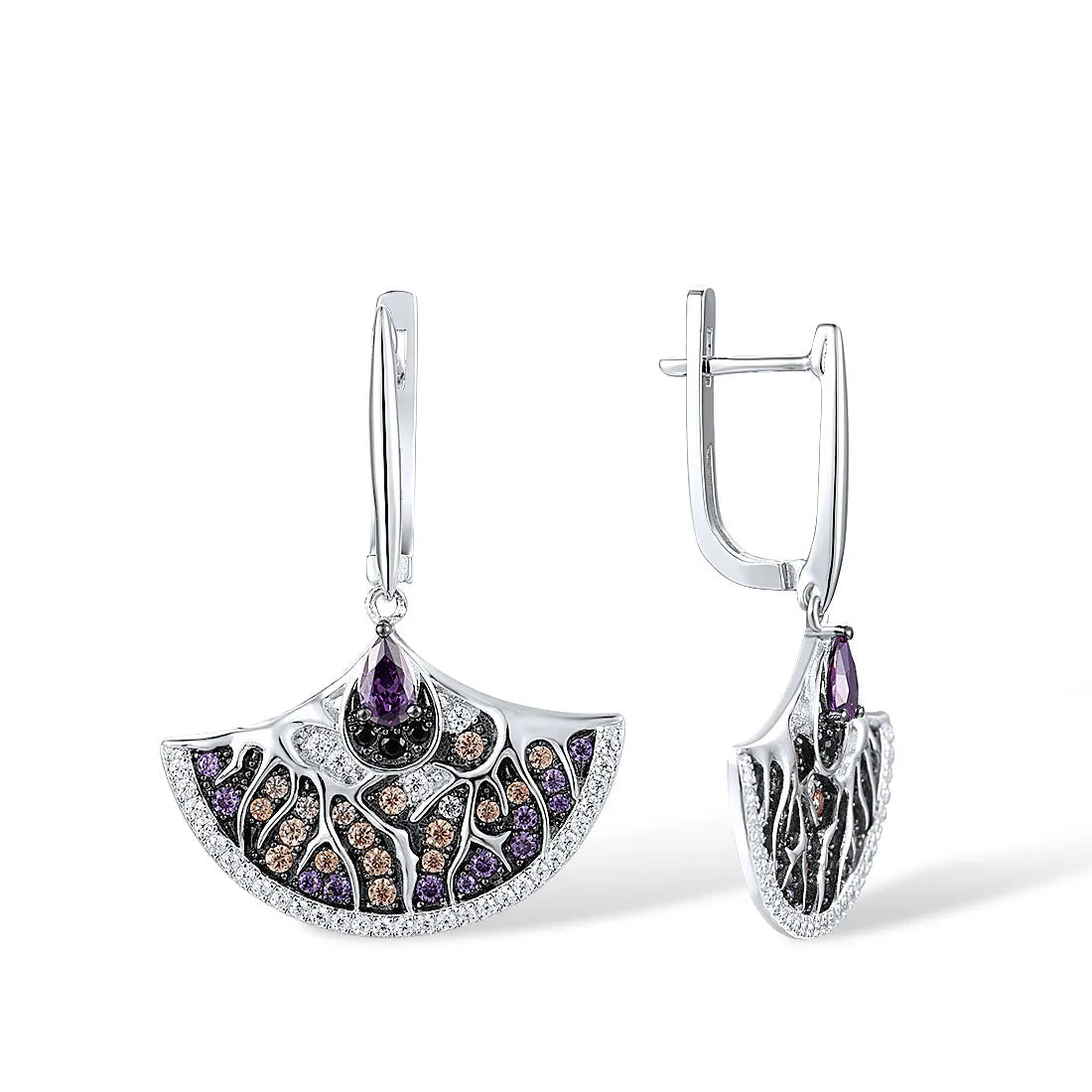 Silver fan-shaped earrings with teardrop amethyst and multicolour pavé detailing