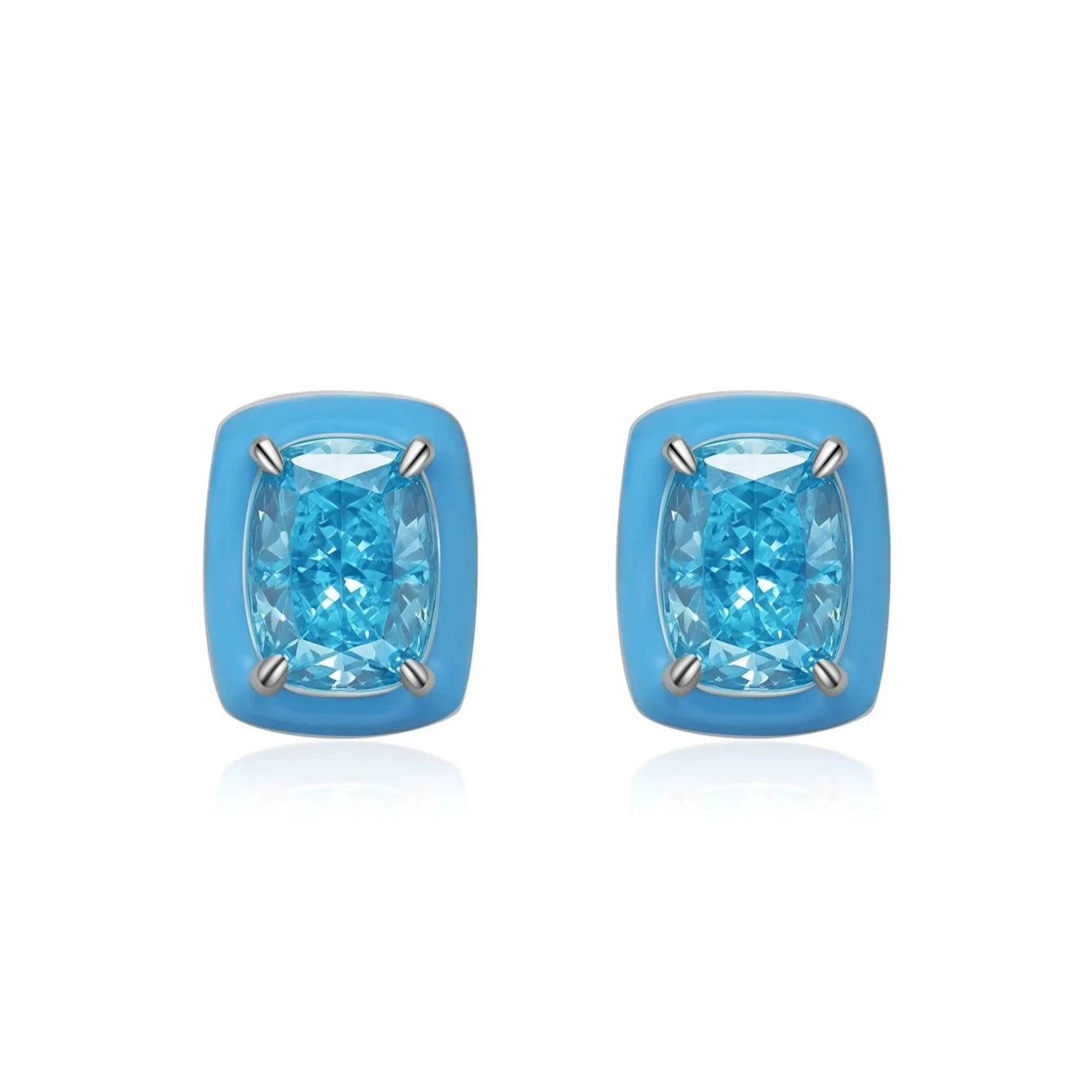 Set of three sterling silver stud earrings with deep blue, aqua, and lavender stones framed in coloured enamel