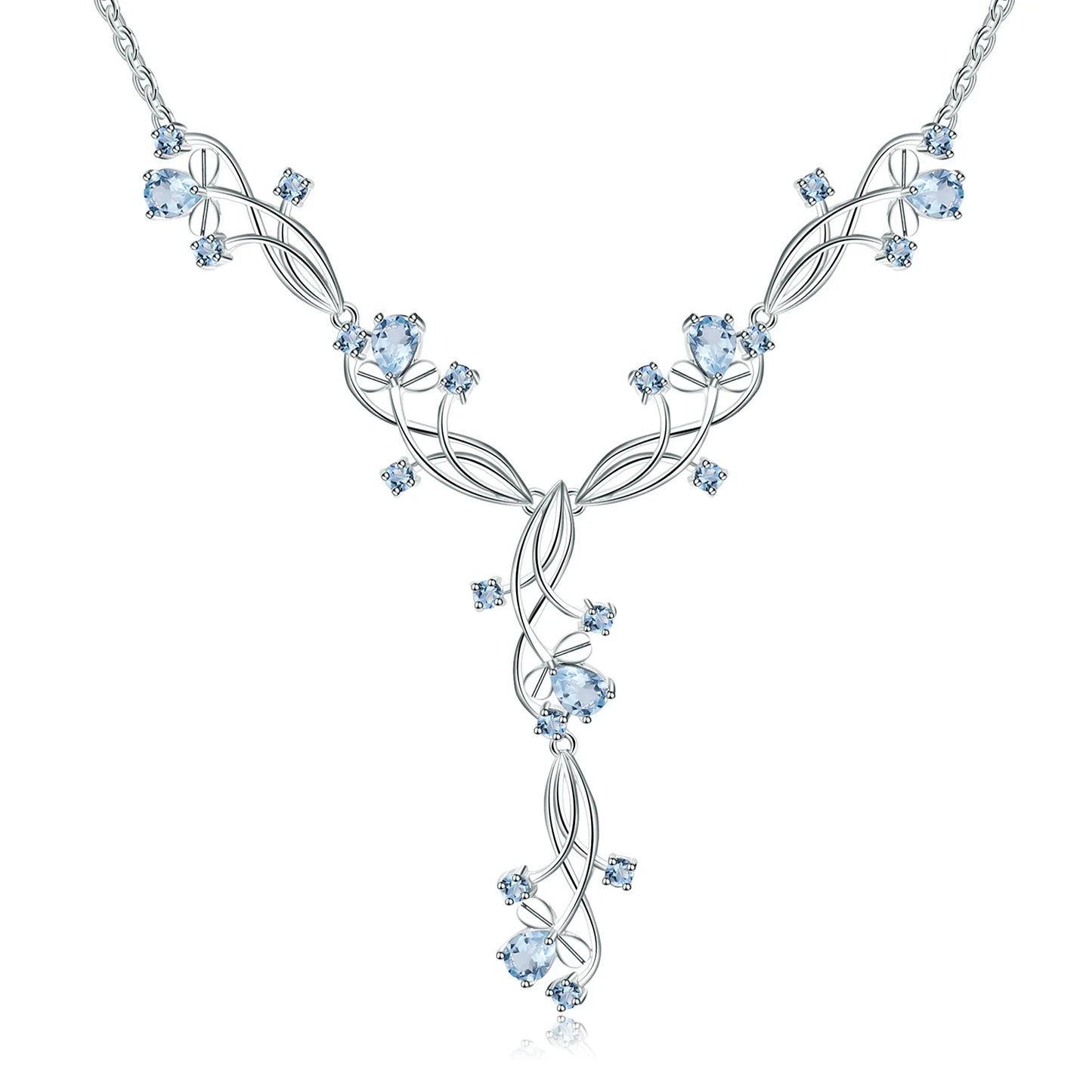 Sterling silver necklace with intertwining strands and scattered light blue gemstones forming a cascading floral design