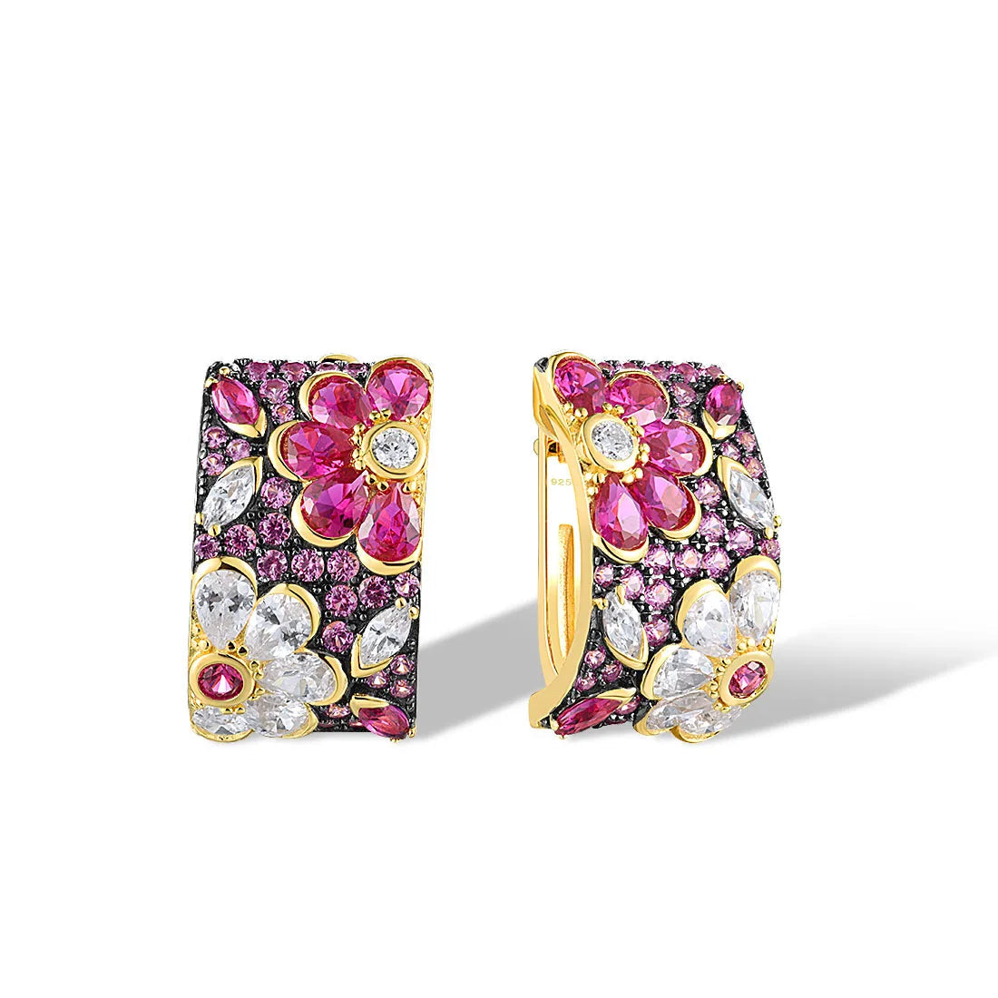 Gold huggie earrings adorned with floral clusters of pink and white stones in marquise and round cuts.