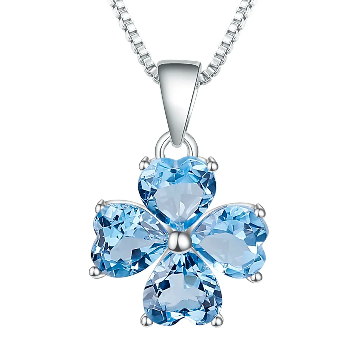 Silver pendant featuring four heart-cut light blue stones arranged in a floral shape