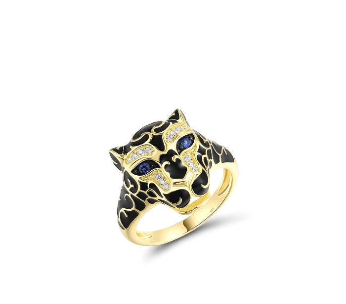 Occhi di Blu jewelry set featuring gold-tone leopard heads with sapphire blue eyes and black enamel detailing from the Bianco Nero collection.