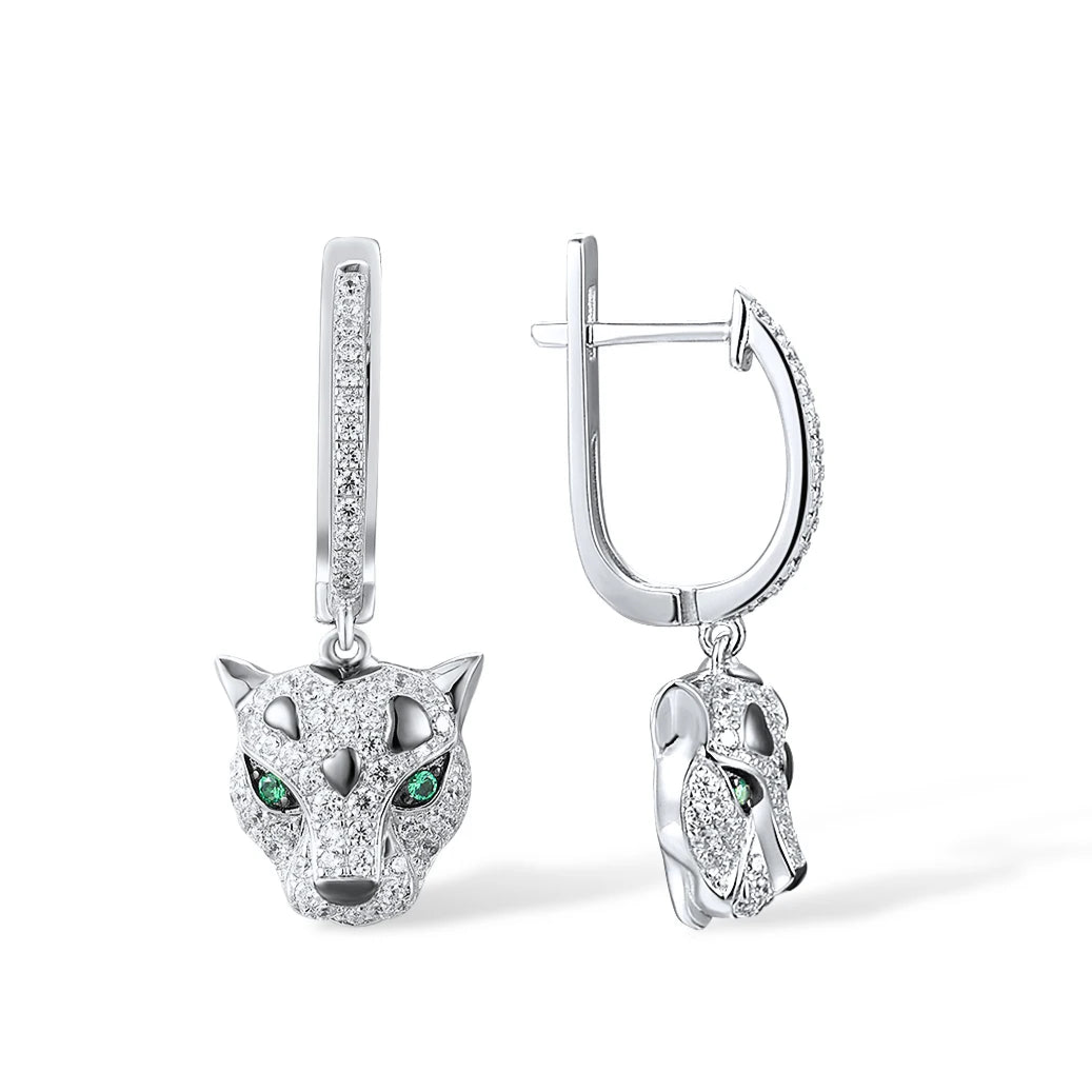 Panther head drop earrings with pavé setting and green gemstone eyes