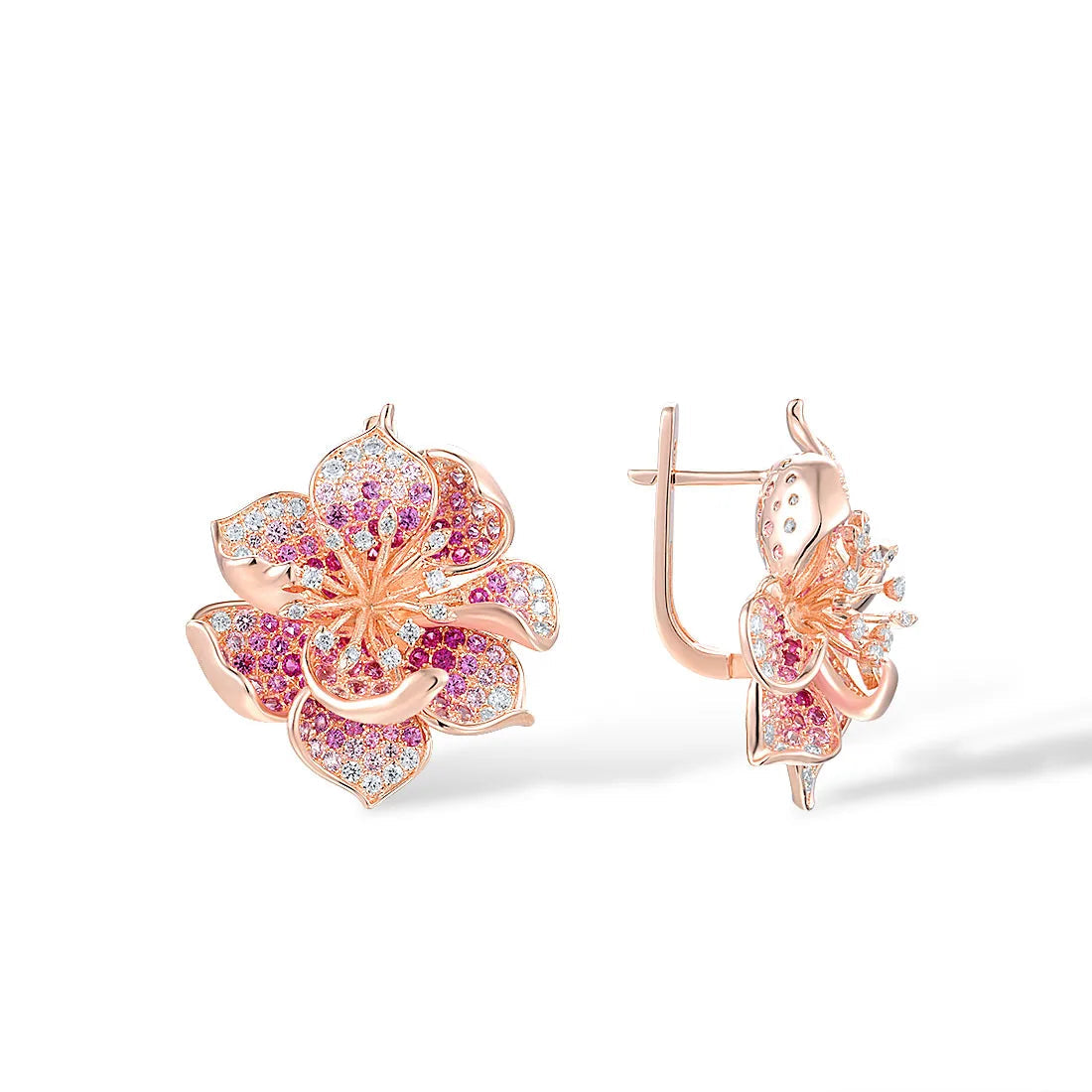 Fragola jewelry set featuring pink and violet pavé stones in rose gold flower designs including ring, earrings, and pendant.
