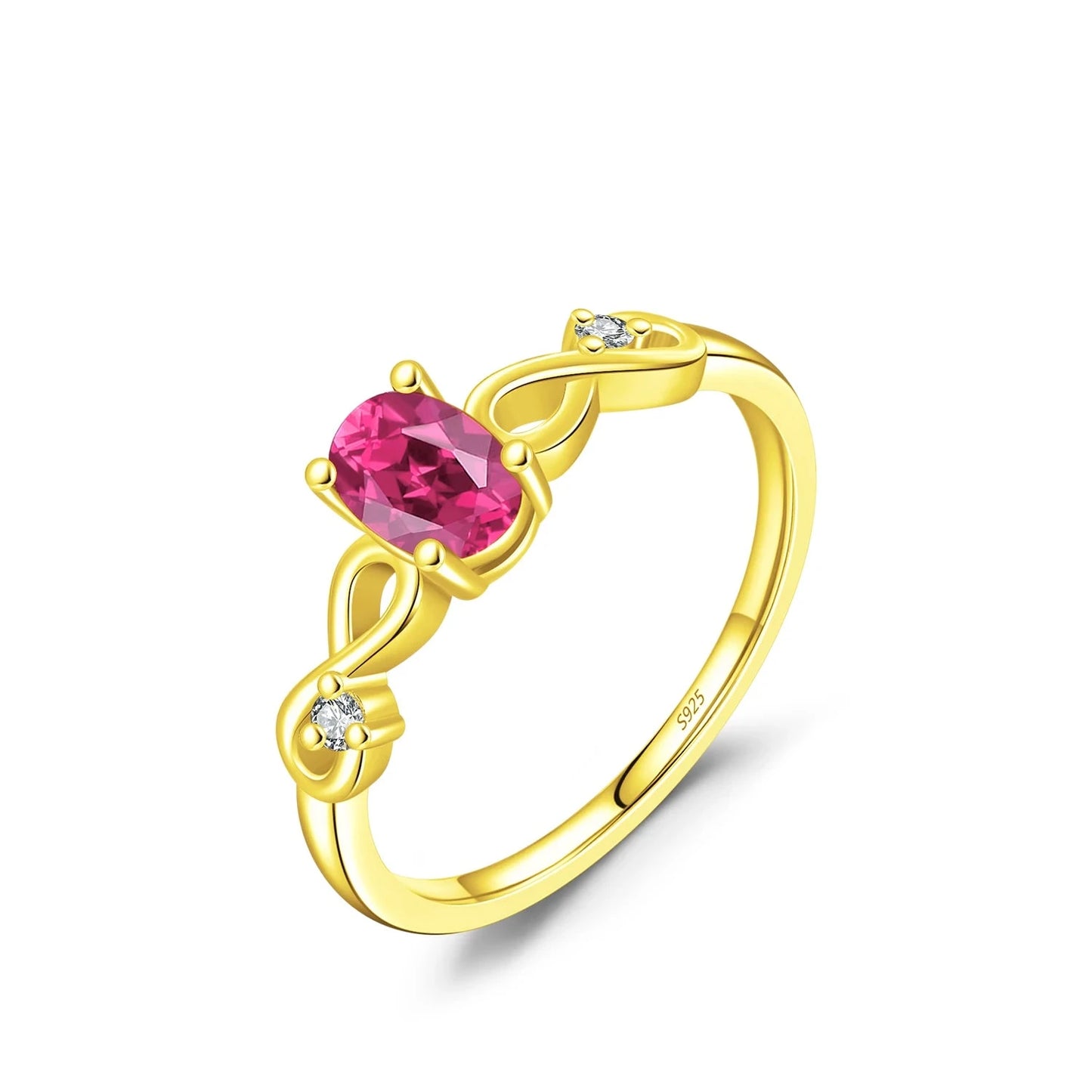 Gold-plated ring with an oval pink gemstone and twisted infinity-style band