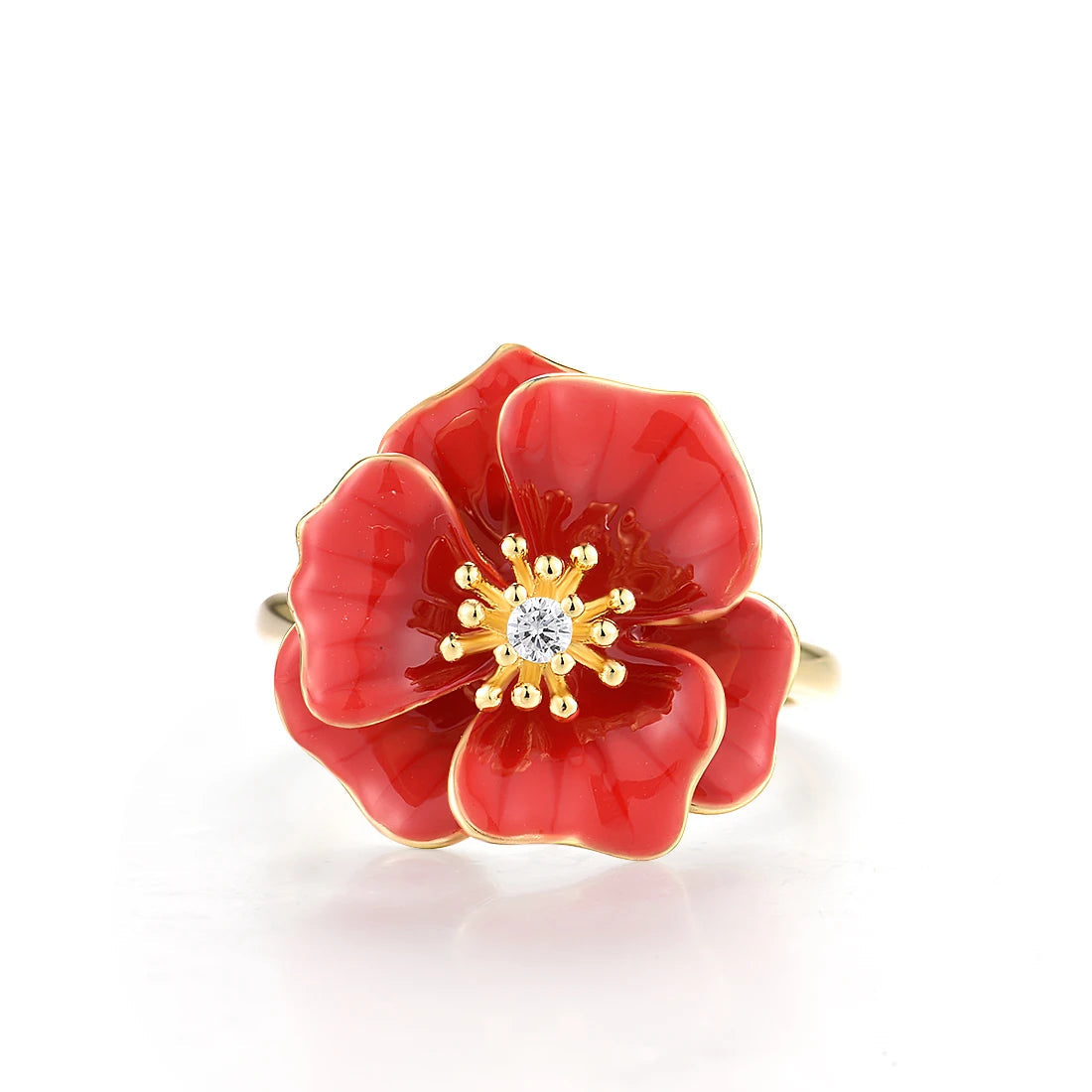 Gold ring featuring a red enamel rose with a white central stone, Rosa Rossa from the Rossa Collection.