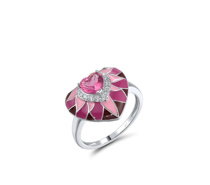 Parete del Cuore jewelry set featuring heart-shaped pink enamel and crystal designs in silver-tone settings, including earrings, pendant, and ring.