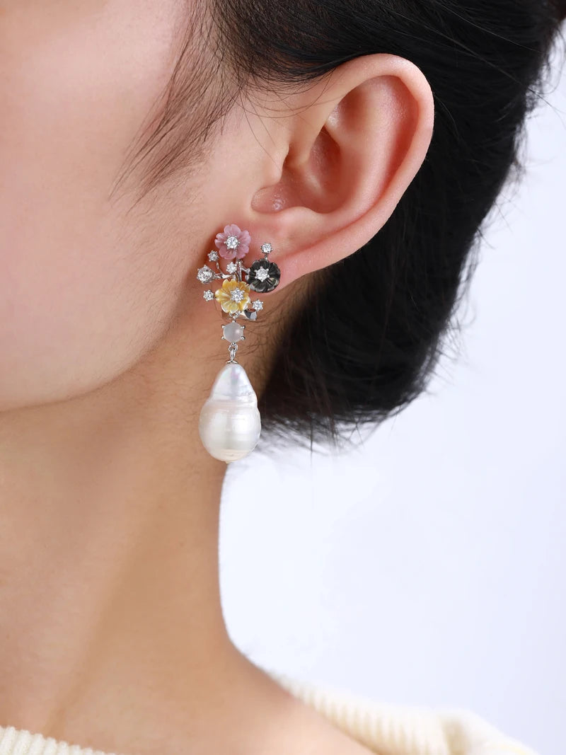 Dangling earrings with multicolour carved flowers and large baroque pearls
