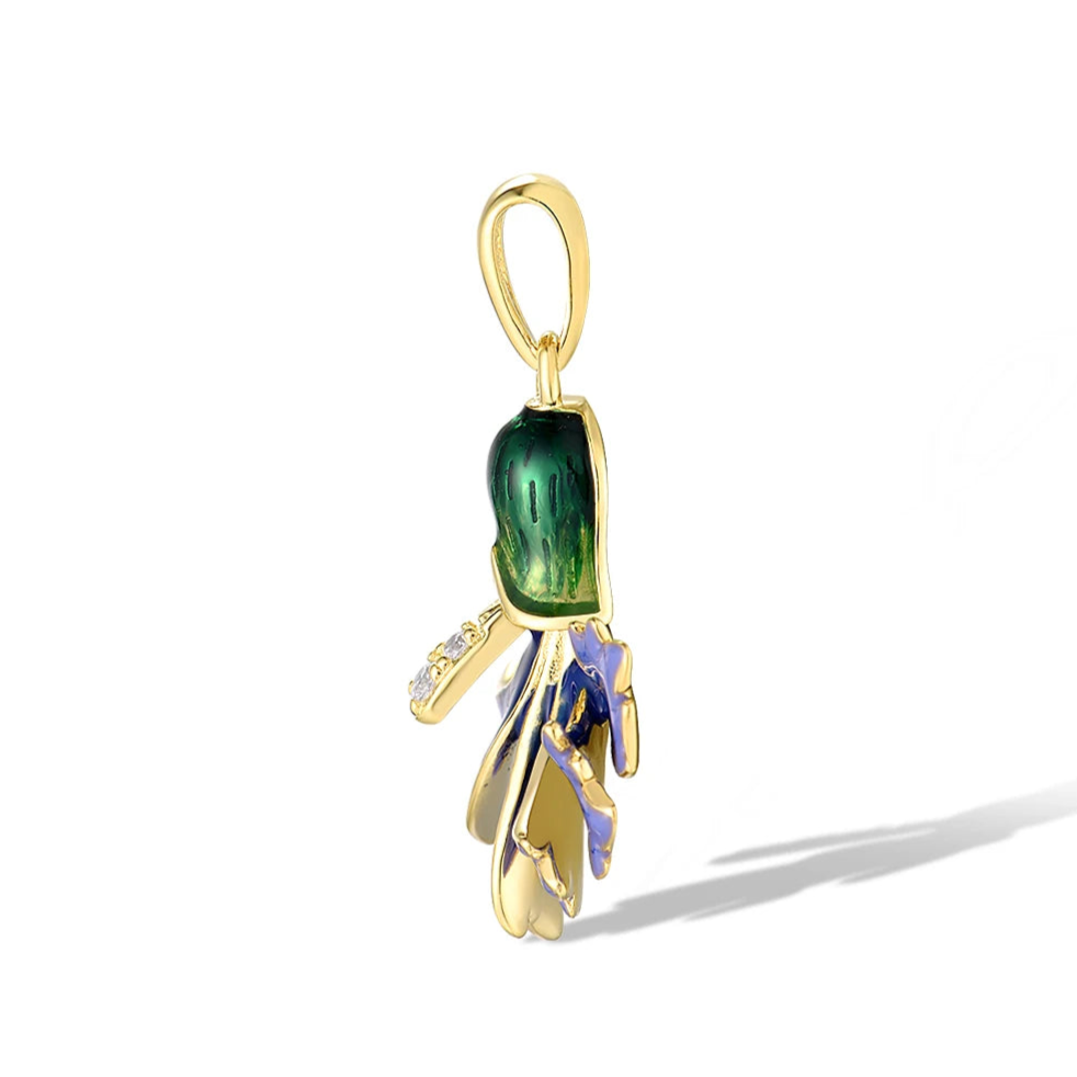 Gold-plated floral pendant with violet enamel petals, green enamel cap, and a sparkling stone at the center