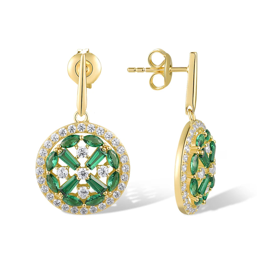 Gold drop earrings with circular design featuring green marquise and baguette stones surrounded by clear pavé accents