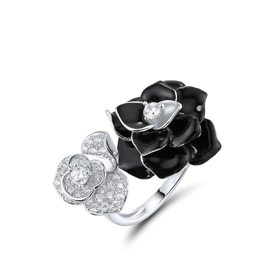 Black and white enamel floral ring with central clear stones in open bypass style