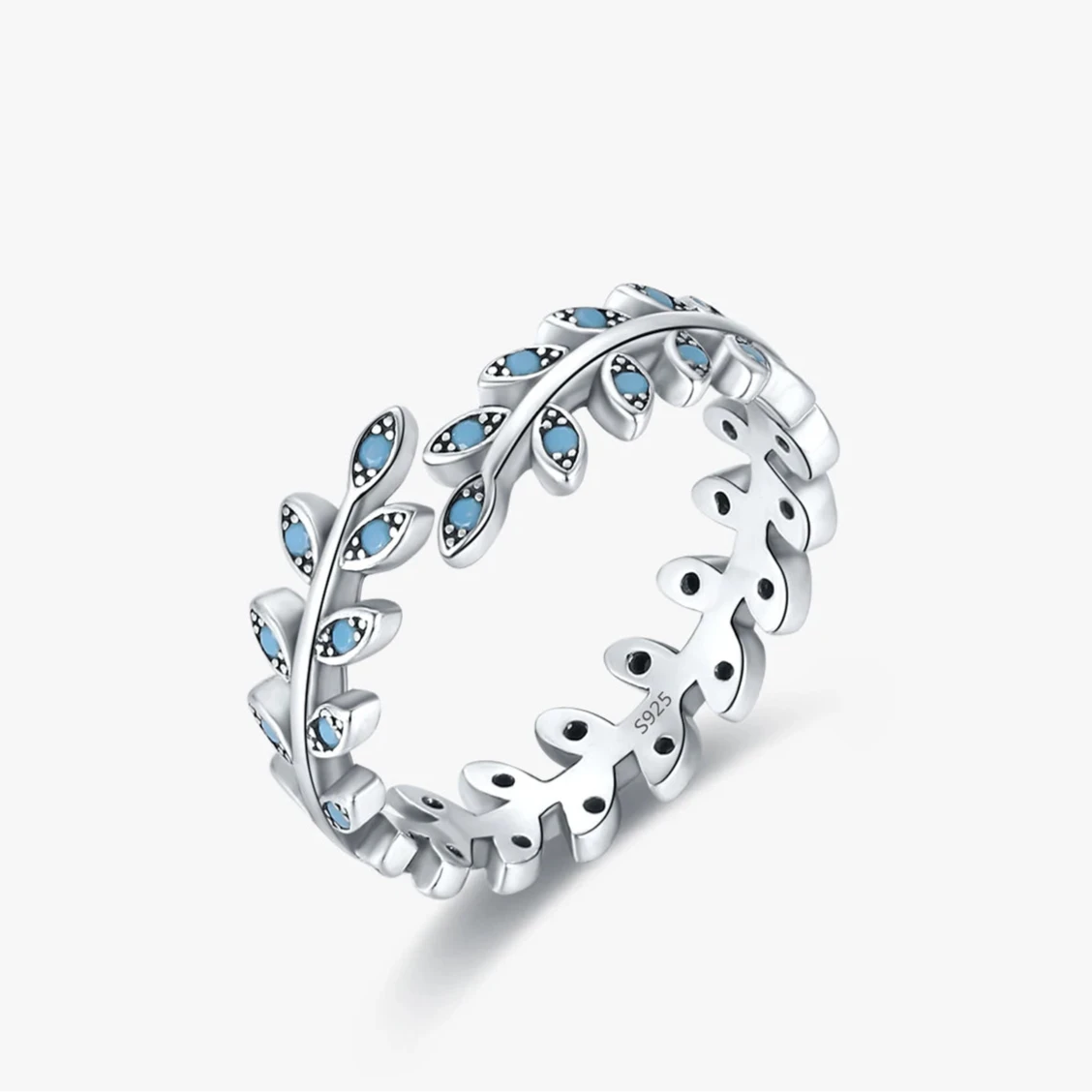 Silver ring shaped like a delicate laurel branch with light turquoise enamel accents on the leaves