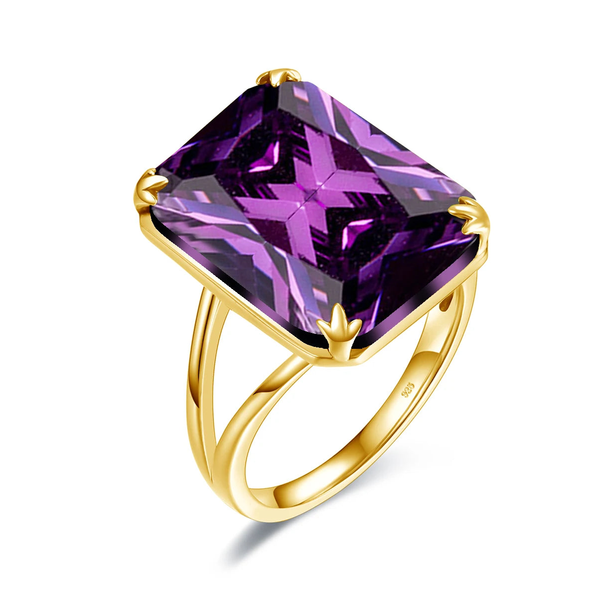 Gold rings with large square-cut gemstones in amethyst purple, deep sapphire blue, icy aquamarine, and bright sky blue on a light blue background