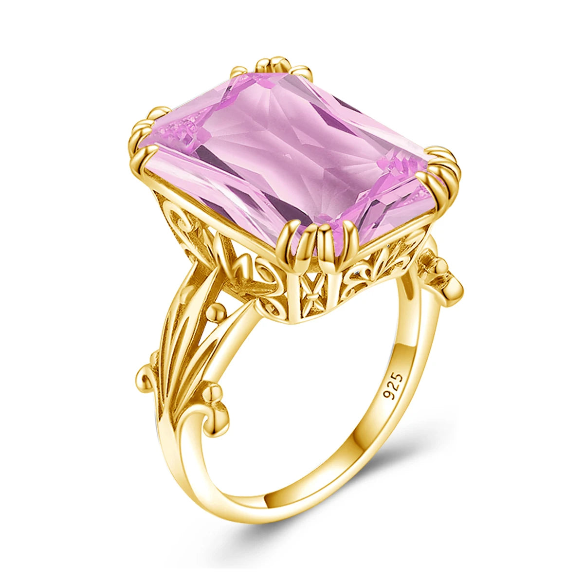 Three bold square-cut gemstone rings in red, crimson, and soft rose pink, set in gold-plated bands from the Rossa collection.