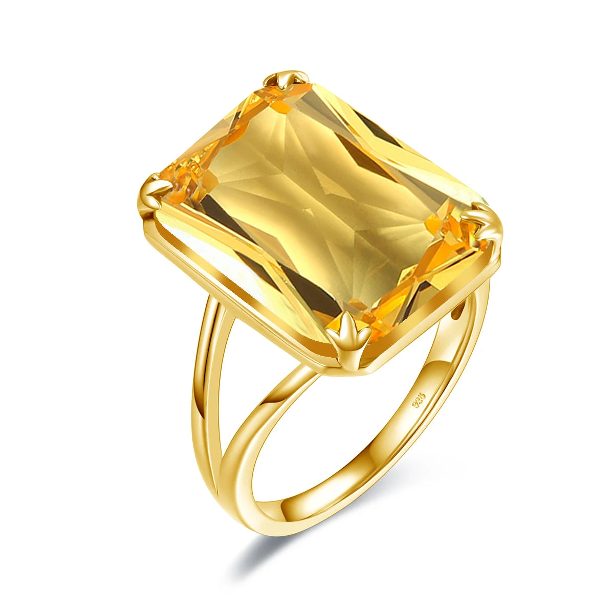 Two bold green gemstone rings with gold bands, one deep emerald green and the other a lighter peridot tone